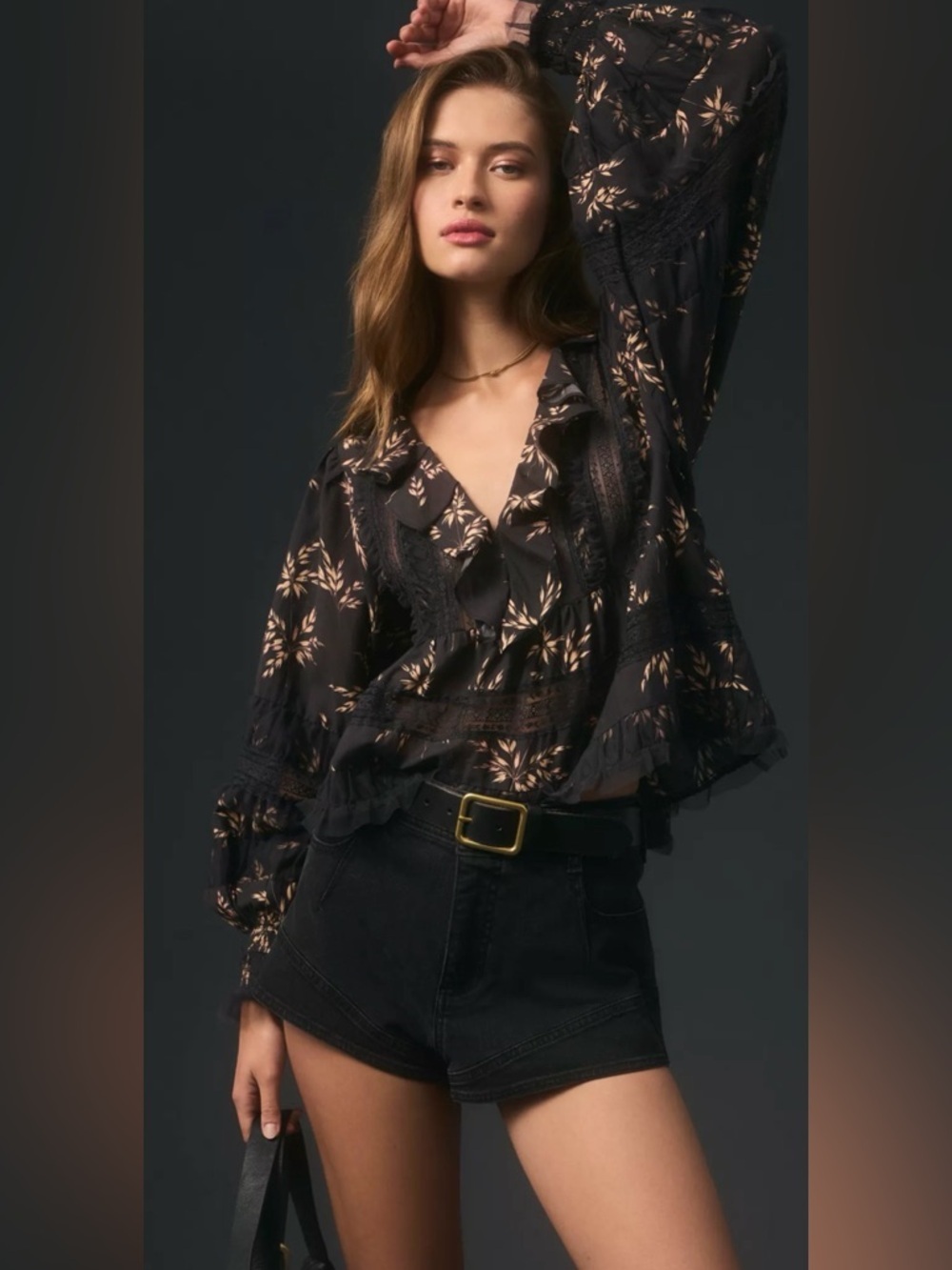 By Anthropologie V-Neck Ruffled Blouse Black Motif Women’s XXS - Picture 2 of 13